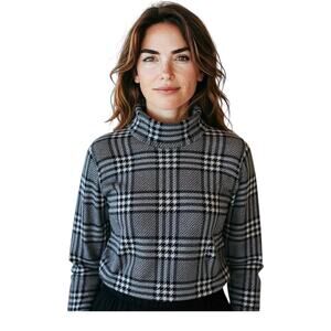 Women’s Theory Zip Cowl Black White Pullover Sweater w Ribbed Cuffs and Hem- M